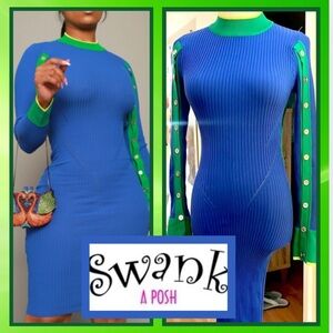 Swank A Posh,Open-Back,Bodycon Blue/Green Striking Soft Ribbed-Knit Dress,Size S
